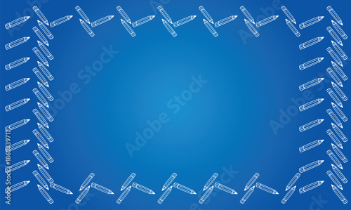 Various same size tilt pencil with white outline make frame on blue background