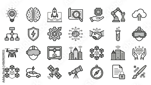 Innovation & Technology Icons Set, Black and White Creativity and Tech Symbols,  innovation icons, technology icons, research and development icons, prototype design icon, startup launch icon,