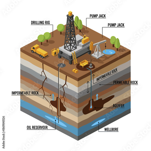 Oil Rig Drilling into Earths Layers.