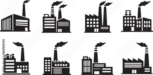 Black and white industrial building with smokestacks factory