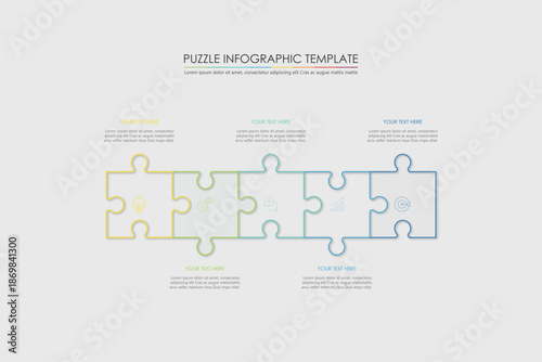 puzzle infographic design with 5 step, graph to describe the steps