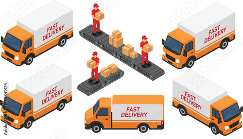 Isometric Fast Delivery Truck and Courier Worker Illustration Set with Parcel Boxes, Conveyor Belt, and Logistics Transportation Concept