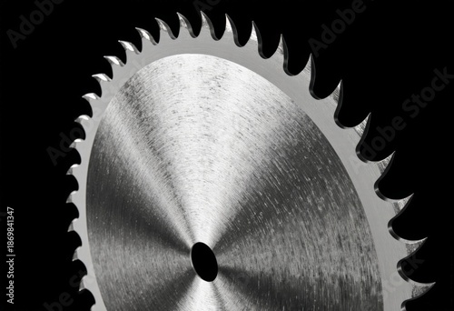 Close-up of circular saw blade with sharp teeth on black background