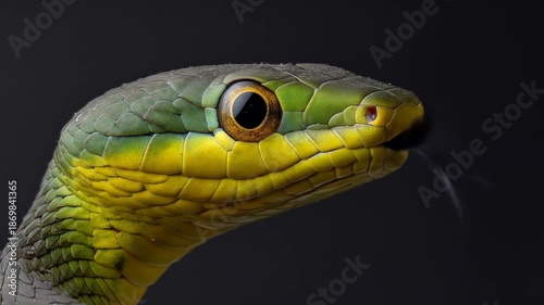 Close up of a vibrant green and yellow snake against a dark background