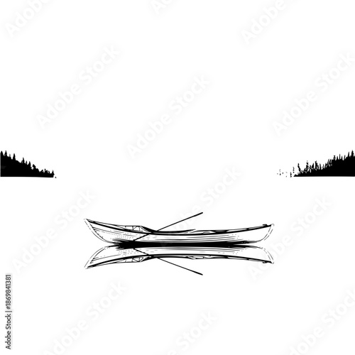 A serene monochrome illustration of a boat on water reflecting with trees on the distant shores seen