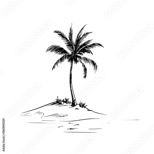 Illustration of a lone palm tree on a small island with water surrounding it in black and white sketch style
