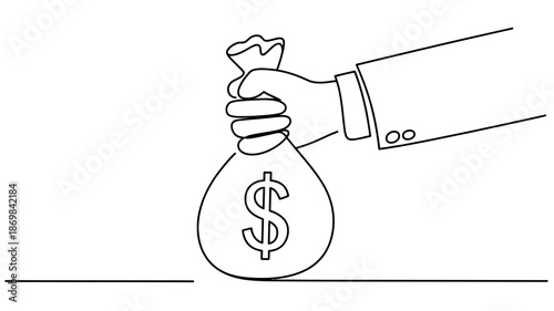 A hand holding a money bag with a dollar sign, representing wealth and finance