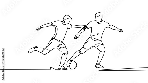 Dynamic soccer action with two players competing for the ball in minimalist line art style