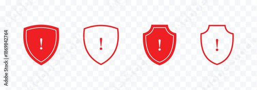 shield security icon set with information info icon. caution shield. Warning shield icon. Four Shield Icons with Exclamation Marks for Warning Alerts. Warning shield icon indicating caution or alert