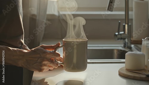 Person holding a hot steaming mug of coffee