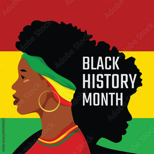 Black history month illustration featuring a profile of a woman with afro hair