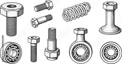 Vintage Mechanical Parts and Fasteners Engraving Illustration Collection Set