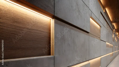 Fototapeta na wymiar Close-up of architectural wall panel detail, stone and wood textures, hidden linear lighting, premium modern interior, ultra realistic render, clean composition