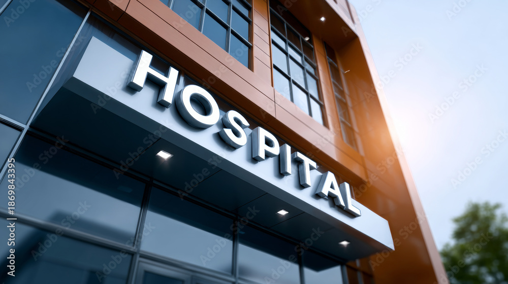 Fototapeta premium Modern hospital building exterior with illuminated sign and glass under clear sky during daytime