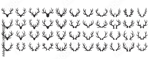 Set of black and white illustrations of various deer antlers, offering diverse shapes and sizes.