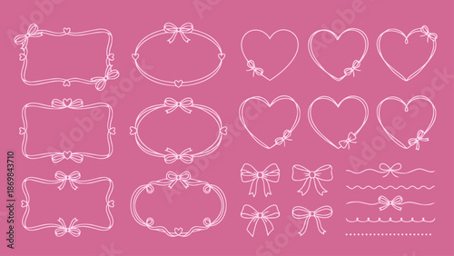 手描き風のハートとリボンのフレーム・罫線セット ピンク背景の白線画ベクター素材