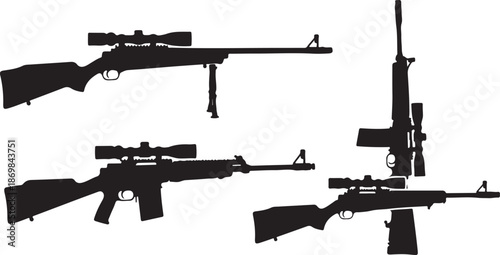 Black silhouettes of four rifles with scopes on white background