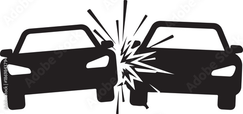 Black silhouettes of two cars crashing into each other with white background car crash