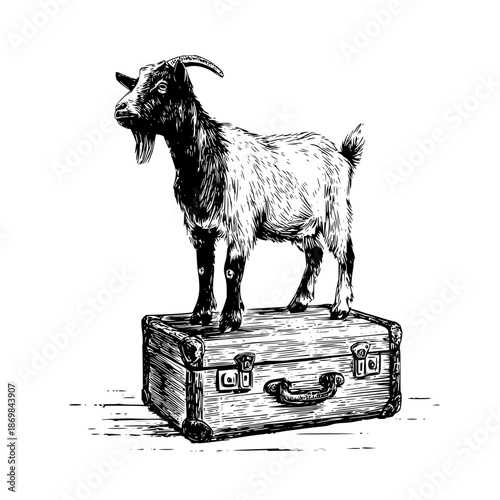 A detailed sketch of a goat standing proudly atop a vintage suitcase with intricate details and shading