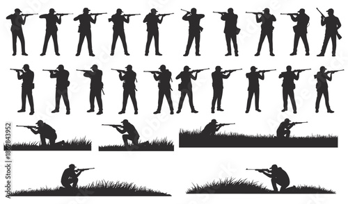 Silhouette collection of hunters with rifles in various poses, standing and crouching outdoors.