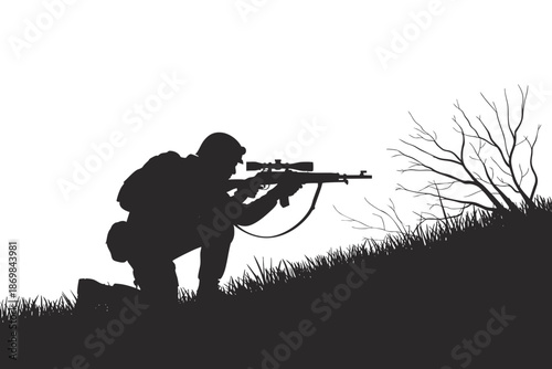 Silhouette of a hunter with a rifle and scope, crouching in grass with a bare tree.