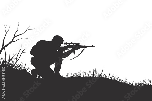 Silhouette of a hunter aiming a rifle with scope, crouching in grassy terrain.
