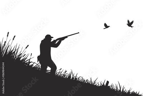 Silhouette of a hunter aiming a shotgun at birds in flight over grassy terrain.