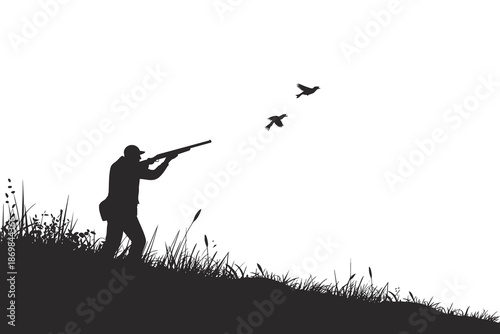 Silhouette of a hunter aiming a shotgun at birds in flight over grassy terrain.