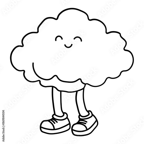A cute cartoon cloud character with a smiling face and legs wearing sneakers, standing on a white background.