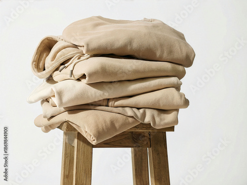 Stack of beige folded clothes symbolizing charity, volunteering, donations and social support. Concept of Black Friday sales, conscious shopping, decluttering, sustainability, help for people 