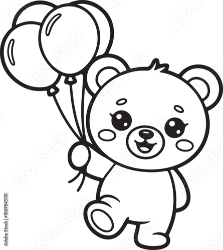 Kawaii Bear with Balloons Line Art, Coloring Book Page Vector Illustration