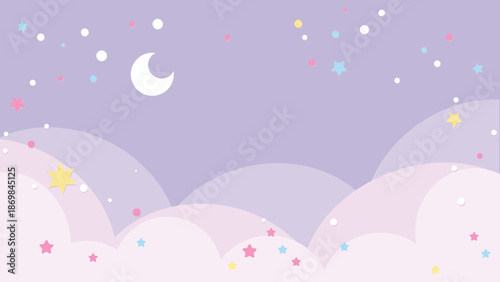 Whimsical pastel colored night sky with crescent moon stars and clouds in a dreamy soft purple background for design with pastel colors and illustration