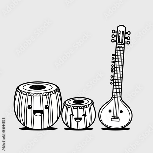 Indian Musical Instruments with Smiling Faces.
