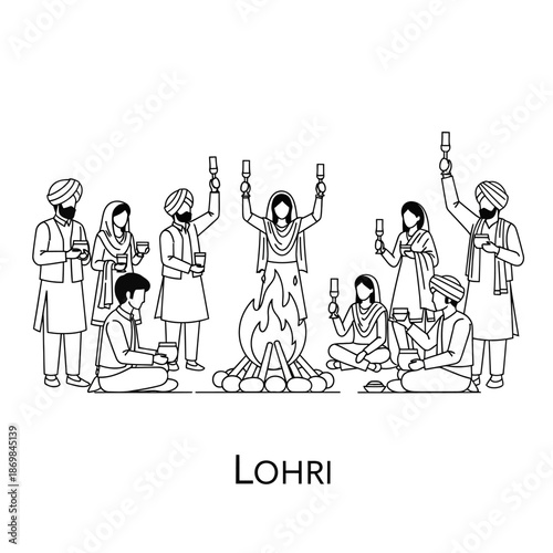 Lohri Festival Celebration with People Around Bonfire.