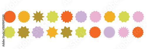 Set of circles with zigzag edges, Sunburst sticker shapes, Rounded starburst zigzag, circle shapes & star shapes offer price tag, discount, sale label, stickers, Star or sunburst silhouettes vector.