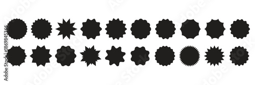 Set of red starburst. Price sticker, sale sticker, price tag, starburst, quality mark, retro stars, sale. Circle sticker set. Wavy edge promo red badges. Star burst shape tags for price. Red sale tag