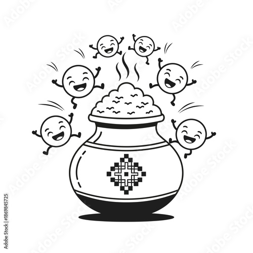 Cartoon Pot of Rice with Happy Emoticons.