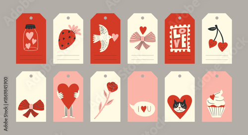 Hand drawn vector collection of Valentine’s Day gift tags. Love and romance tags isolated. Romantic labels for decorative design. Template for holidays and wedding. Hearts, dove, cherry,,rose, cat.