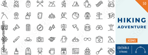 Hiking Adventure icon collection set. Editable stroke.

