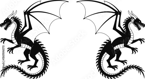Flying dragon silhouettes set with spread wings fantasy myth creature black vector illustration tattoo logo medieval design