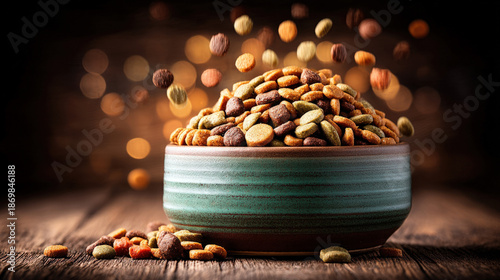 A ceramic pet food bowl ful...
