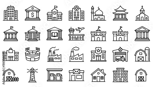 Urban & Rural Building Icons Set, Architecture, Infrastructure and Public Facility Symbols,  building icons, urban building icons, rural building icons, facility icons, office icon, hospital icon, 