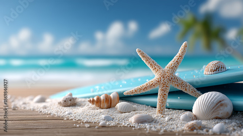 Blue surfboard and beach shells