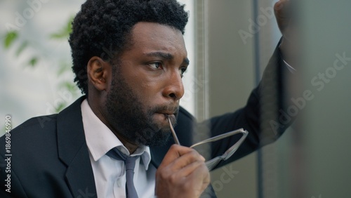 Tableau sur toile Worried anxiety African American man business guy male businessman stressed thin