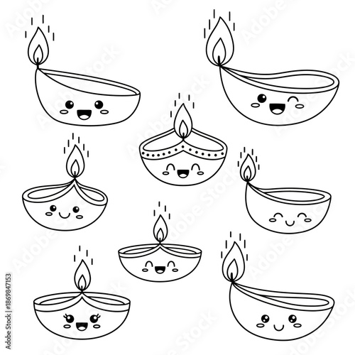 Collection of Cartoon Diya Lamps with Faces.