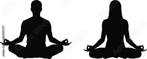 Male and female yoga meditation silhouettes in lotus pose, mindfulness wellness balance practice isolated on white background illustration studio concept