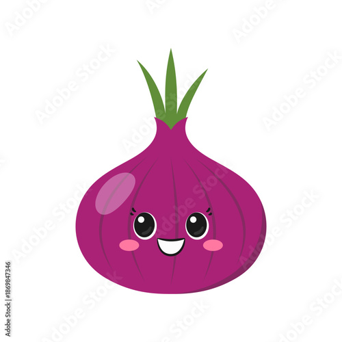 Smiling red onion, cute and fun cartoon character, healthy vegetable, big eyes, happy face, kawaii style, icon vector illustration.