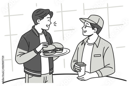 Two friends sharing a meal together with burgers and coffee