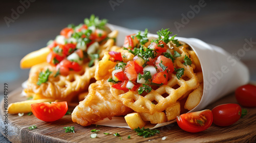 Fish and chips wrapped in w...
