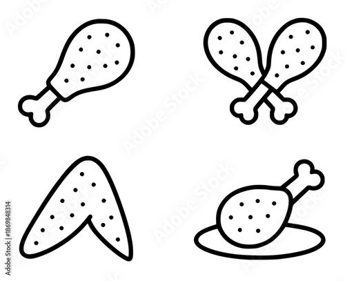 4 fried chicken illustration icons in outline style, transparent background